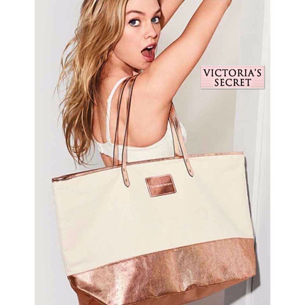 NWT VICTORIAS SECRET TOTE BAG BEIGE Rose Gold Glam -LIMITED EDITION - 2017 New